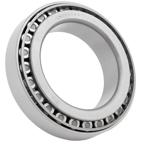 Two Set Tapered Roller Bearing Kit With Cone JM720249 And Race JM720210 for wheel axle, close-up, showing durable construction.
