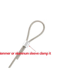 Bulletproof Aluminum Crimping Loop Sleeve With Secure Wire Rope Ferrule and Corrosion Resistant Oval Clip showing cable secured with clamp.