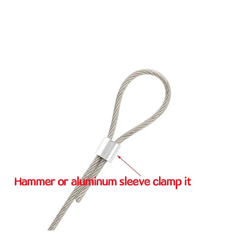 Bulletproof Aluminum Crimping Loop Sleeve With Secure Wire Rope Ferrule and Corrosion Resistant Oval Clip showing cable secured with clamp.
