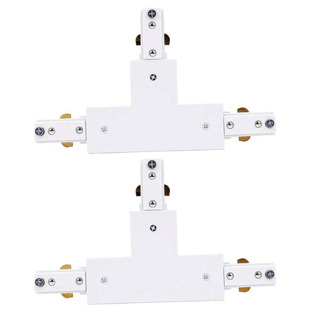 Two Pack H Track T Connector 3 Wire Single Circuit White 90 Degree Branch Track Lighting Adapter showing two white connectors.