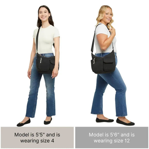 Two models wearing Everywhere Bagg Hobo Crossbody Bag With RFID Wristlet For Women, showcasing fit and size diversity.