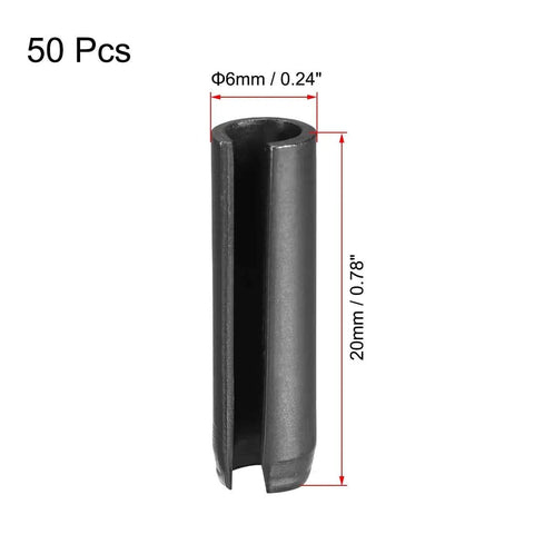 Slotted Spring Pin Kit 6mm By 20mm Plain Finish 65Mn Roll Assortment, 50Pcs For Small Machine Projects, single pin close-up