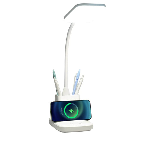 Desk Lamp With Wireless Charger For Home Office, LED Eye Caring Light With 10W Qi Pad, CRI 90, 3 Color Modes And Stepless Dimming, Touch Table Lamp With Pen Holder For Study Or Dorm, White, showing wireless phone charging and pen holder.
