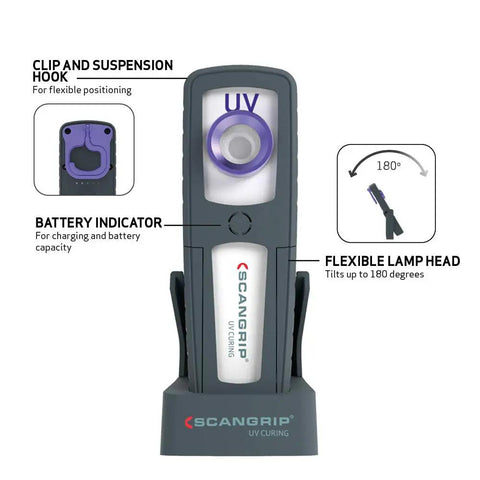 Rechargeable LED UV Curing Light For Small And Medium Areas with magnet, flexible head, and battery indicator shown.