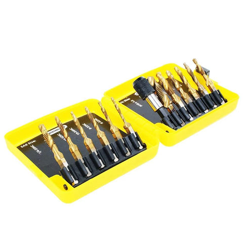 Titanium drill and tap bit set, 13-piece SAE/metric, in two yellow cases, front view