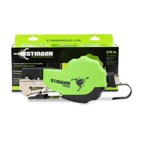 Straight Up Autofeed Cap Staple Hammer Tacker With One Inch Caps And Three Eighth Crown Staples, green ergonomic design, for roofing and insulation.