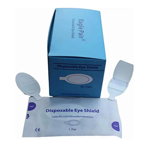 Rock Solid Disposable Laser Eye Shields For IPL Led Facial Treatments Easy Application Medical Pads With OD7 Barriers 100 Pair bundle with packaging and shield.