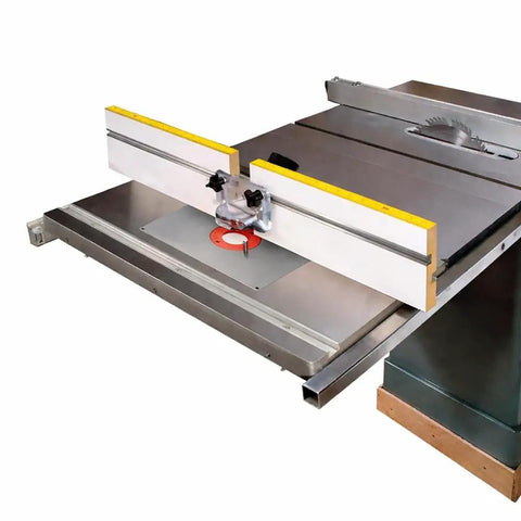 Pro Grade Cast Iron Router Table Extension With Tough As Nails Phenolic Plate And Precision Fence for table saw conversion, showing phenolic insert.