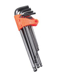Premium 9Pc Long Arm Ball End Hex Key Wrench Set With Ergonomic Grip For Heavy Duty Auto Repair, Mechanical Projects And DIY Fixes That Get The Job Done Right. Black long-arm ball end hex key set in orange holder, angled view