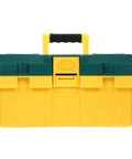 Multi Functional Plastic Toolbox For Small Parts Portable Tool Box Organizer With Secure Snap Lid Ergonomic Carry Handle Compact Design front view with yellow and green colors.