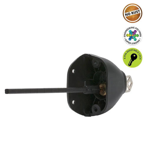 Close-up of a Deluxe Gate Latch 5-7/8 Inch Heavy Duty Stainless Steel Hardware Black Finish Built To Last For Wood Metal Vinyl Gates.
