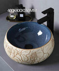 UYTROPLK Bathroom Vessel Sink Ceramic Outdoor Indoor Bathroom Vintage Pedestal Basin with Accessories Patio Wash Basin Round Bathroom Sink, blue interior.