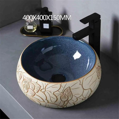 UYTROPLK Bathroom Vessel Sink Ceramic Outdoor Indoor Bathroom Vintage Pedestal Basin with Accessories Patio Wash Basin Round Bathroom Sink, blue interior.