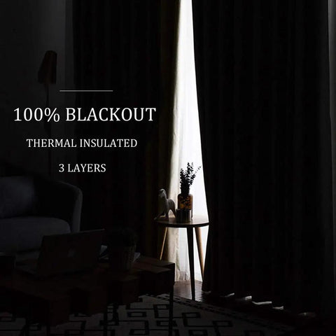 Seriously Insane 3 Layer Soundproof Curtains 84 Inch Blackout Drapes in a dark room blocking light with thermal insulation.