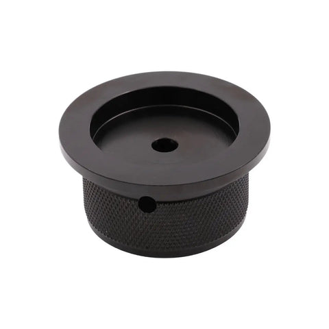 Heavy Duty Aluminum Volume Control Knob Featuring Slick Diamond Knurled Grip For Pro Level High End Audio Amplifier And Turntable Buttery Smooth Rotation Top Shelf Replacement Dial with a textured black finish.