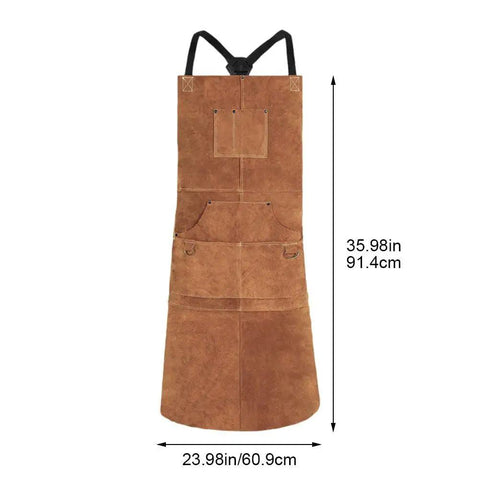 Leather Welding Apron With Flame Resistant Shield And Six Tool Pockets, shown flat with dimensions 35.98in x 23.98in.