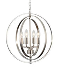 Dope Modern 4 Light Globe Chandelier In Brushed Nickel, Adjustable Height With 59in Wire And Chain, front view of pendant lights