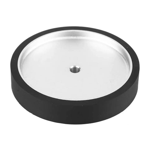 Pro Grade 250Mm Polyurethane Encoder Measuring Wheel With Legit Anti Slip Rubber Tread And Rock Solid Aluminum Housing showing rubber tread and aluminum body.