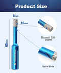 Diamond core drill bit, blue, 6 mm diameter, spiral flute, diamond grit, triangle shank front view