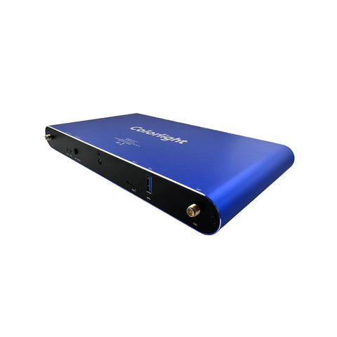 Badass Heavy Duty 4K Cloud Network Media Player For Slick Digital Signage With Dual Ethernet HDMI Links And No Sweat Wireless Control On Large LED Video Walls, showing blue metal casing and ports.