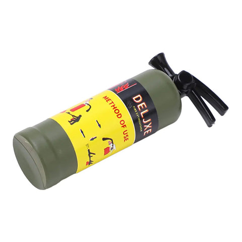 Badass Lightweight Portable RC Car Fire Extinguisher With Insane Realistic Simulation Molded In Green on display with detailed label.