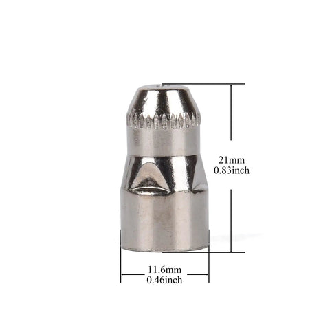 Metal tip from 45 Piece P80 Plasma Consumables Kit For P80 Plasma Cutter Torch With Electrodes Tips Cups And Porcelain Cups Durable Metal And Ceramic Construction For 20 To 100 Amp Cutting Through Rough Painted And Rusty Surfaces, with dimensions 21mm x 11.6mm