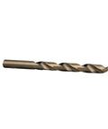 M42 Cobalt Drill Bit from 29-piece set, gold oxide finish, visible spiral flute, heavy duty use for stainless steel and nickel alloys.