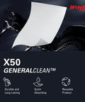 Image showing WypAll X50 GeneralClean cloth, highlighting durability, quick absorbing, and reusability, with a white wipe against dark background.