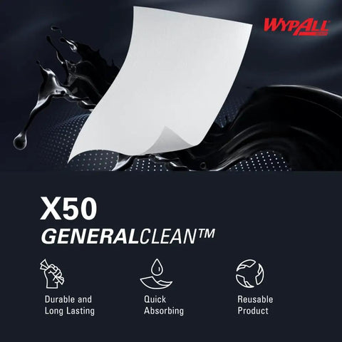 Image showing WypAll X50 GeneralClean cloth, highlighting durability, quick absorbing, and reusability, with a white wipe against dark background.