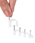 Hand holding Round Cable Wire Clips Set For Wall Mounting And Cable Management in 5 sizes with nails, white, 500-pack.