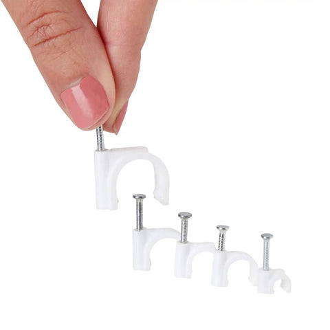 Hand holding Round Cable Wire Clips Set For Wall Mounting And Cable Management in 5 sizes with nails, white, 500-pack.