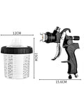 Pro Level Pneumatic Spray Gun Set With Top Loading Tank That Slings Paint Like A Champ For Automotive Bodywork And Furniture Fix Ups With Latex Coats In Striking Red Build Offering Smooth 230mm Spray Range showing spray gun and 600ml cup dimensions.