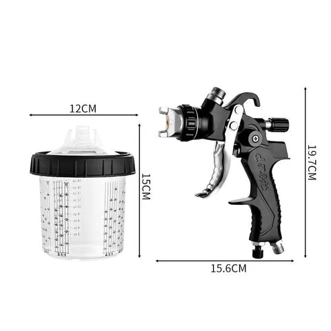 Pro Level Pneumatic Spray Gun Set With Top Loading Tank That Slings Paint Like A Champ For Automotive Bodywork And Furniture Fix Ups With Latex Coats In Striking Red Build Offering Smooth 230mm Spray Range showing spray gun and 600ml cup dimensions.