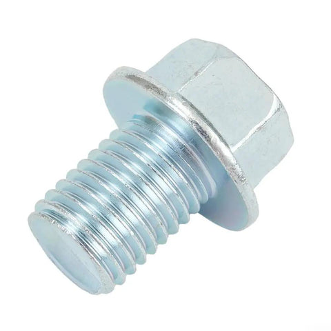 Super Cool Magnetic Oil Drain Bolt M14x1.5 For Honda CX500 CX500C Metal Particle Catcher With Premium Crush Washer Kit To Stop Sludge Buildup And Save Your Engine From Catastrophic Failure Today. Silver magnetic oil drain bolt M14x1.5 metal with crush washer, angled view