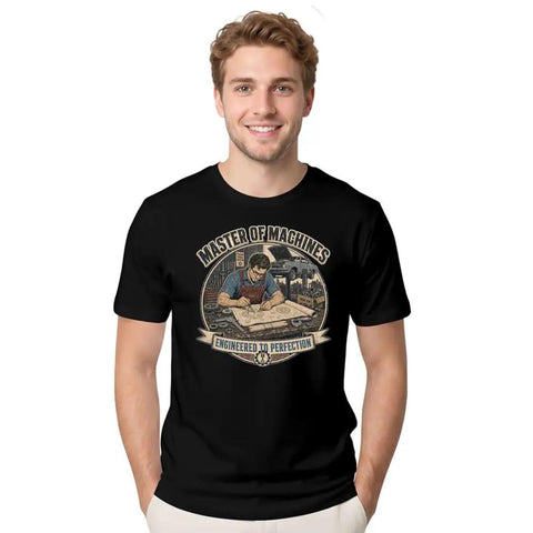 Rad Vintage Engineer T-Shirt With Blueprint Garage Design For Real Mechanics And Fabrication Geeks Who Love Drawing Sketches And Building Cool Stuff In The Shop Or At Home. Black cotton tee with a graphic design worn by a smiling man.