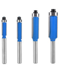 Four Piece One Quarter Inch Shank Top Bearing Flush Trim Router Bit Set With Diameters One Quarter, Five Sixteenths, Three Eighths, And One Half Inch