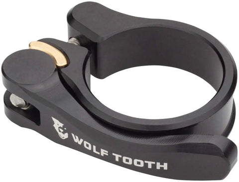 Quick Release Seatpost Clamp For 34.9 Mm Tubes Featuring CNC Machined 6061 Aluminum in black with bronze slider detail.