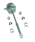 Front view of turbo wastegate vacuum actuator with long steel rod and mounting hardware (bolts, clamps)
