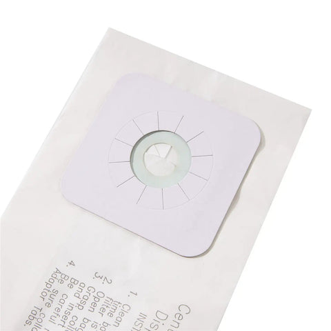 9 Pack Replacement Central Vacuum Bags For Nutone 391 And CV Series Your Go To Replacement With CV353 CV450 CV391 CV400 CV350 CV351 VX475 44186 CV352 CV653 CV750 CF3918 Models showing top view of bag with circular intake opening.