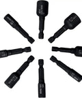 8 Piece Tap Socket Wrench Set With One Quarter Inch Hex Shank High Hardness Alloy Steel Tap Sockets M4 To M16 arranged in a circle