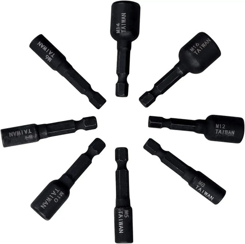 8 Piece Tap Socket Wrench Set With One Quarter Inch Hex Shank High Hardness Alloy Steel Tap Sockets M4 To M16 arranged in a circle