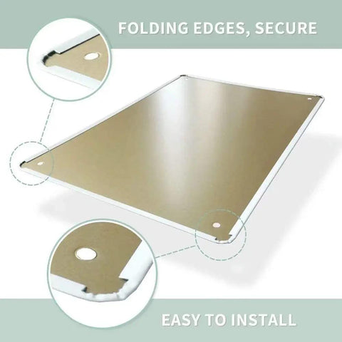 Close-up view of folding edges and corners of a Funny Pool Signs Outdoor Pool Rules Sign 8 By 12 Inches Vintage Metal Tin Wall Decor