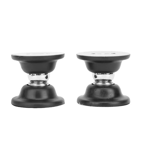 Powerful Heavy Duty RV Magnetic Door Stopper Set Stops Travel Trailer Doors Securely With Strong Magnets And Durable Build. Black and silver stoppers.