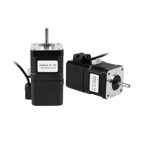 Pair of Huayong brake stepper motors, 12V, 4-lead, 42HS40-YC-PD, black bodies with silver faceplates and shafts