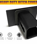 Personalized Hitch Cover For 2 Inch Receivers With Custom Photo And Text Heavy Duty Steel Trailer Plug Cover For Trucks SUVs And Pickups Make It Yours With Your Own Image Or Message, showing side view and durability icons