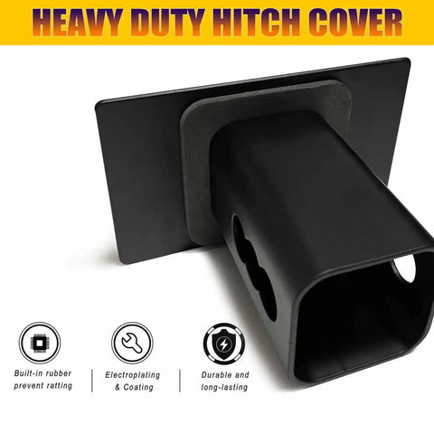 Personalized Hitch Cover For 2 Inch Receivers With Custom Photo And Text Heavy Duty Steel Trailer Plug Cover For Trucks SUVs And Pickups Make It Yours With Your Own Image Or Message, showing side view and durability icons