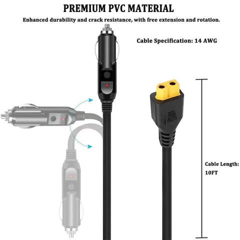 Heavy Duty 12V 24V Car Charger Cable With Xt60 Connector Ten Foot Dc Adaptor For EcoFlow Bluetti And Anker Portable Power Stations showing 10FT length and premium PVC material.