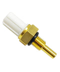 Engine coolant temperature sensor close-up with brass threaded probe and white plastic connector