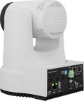 Straight Fire Bundle Featuring Five 4K PTZ Cameras With 20x Optical Zoom And SDI HDMI USB IP Support Plus One Smooth Joystick Controller And Five White Wall Mounts For Streamers rear view of a white PTZ camera with ports.