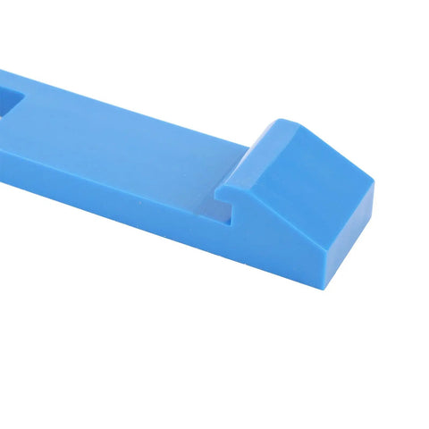 Blue plastic cutting guide tool viewed from above for precise cuts with adjustable circular saws.